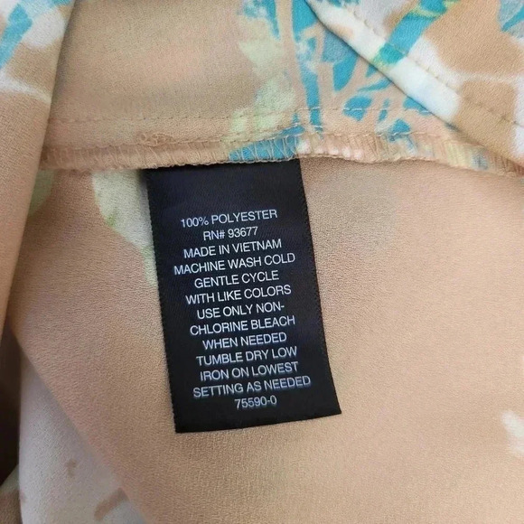 Worthington Womens Short Sleeve Floral Blouse Top Beige Blue Keyhole Petite L PL - Picture 4 of 8